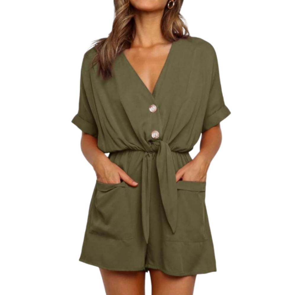 Army Green Button-Up Romper